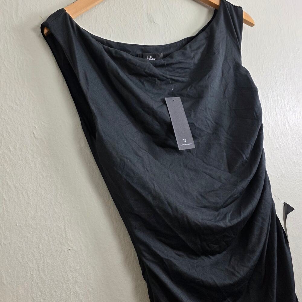 NEW Lulus Incredibly Posh Black Ruched Asymmetrical Midi Dress - Picture 8 of 13